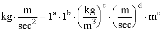 kg*m/sec^2=1^a*1^b*(kg/m^3)^c*(m/sec)^d*m^e