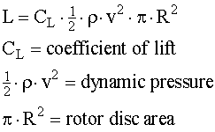L=CL*1/2*rho*v^2*pi*R^2; CL=coefficient of lift; 1/2*rho*v^2=dynamic pressure; pi*R^2=rotor disc area