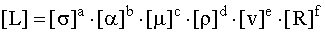 [L]=[sigma]^a*[alpha]^b*[mu]^c*[rho]^d*[v]^e*[R]^f